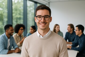 Confident young man smiling in modern office with diverse team collaborating in background, symbolizing leadership and teamwork concept. Ai generative