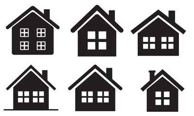 Six black house silhouette icons set for graphic design and web development