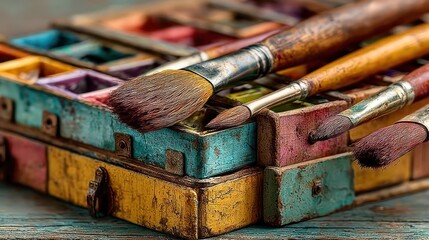 Old paint box with brushes, close-up. Colorful paint, wooden surface