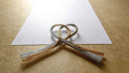 金銀の水引を結んだ白い和紙のデザイン素材 generative ai