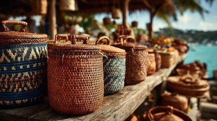 Woven artisan baskets displayed on a rustic wooden table by the ocean