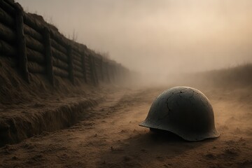 Fototapeta premium Abandoned Cracked Military Helmet in a Misty War Trench