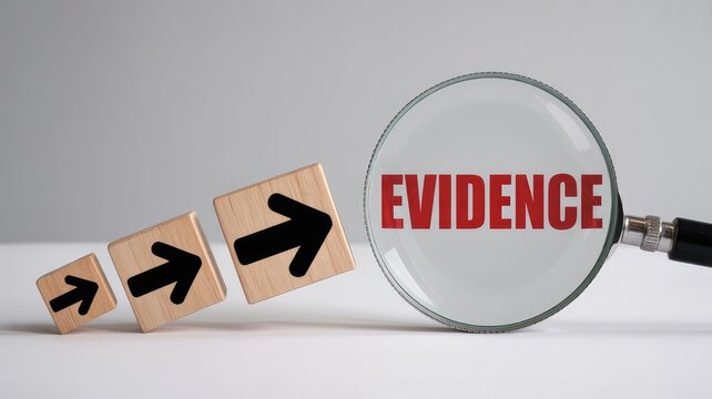 Magnifying glass highlights EVIDENCE next to progressively larger wooden blocks with directional arr