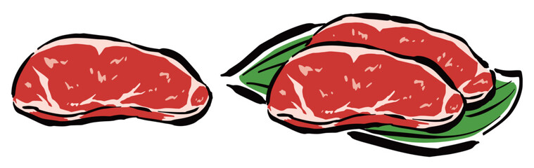 ステーキの生肉　1枚のものと葉にのせた2枚のもの　手書きイラスト