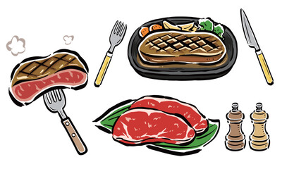 ステーキ（鉄板プレート・生肉・フォーク・ナイフ・塩コショウ）　手描きイラスト　