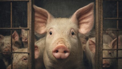 Curious piglet peers through rusty cage bars, seeking attention with soulful eyes and expressive ears, a poignant depiction of farm life.