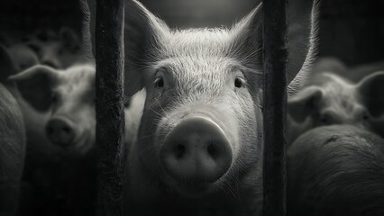 Intense close-up of a curious pig's face peering through metal bars, capturing a raw, emotive farm animal portrait