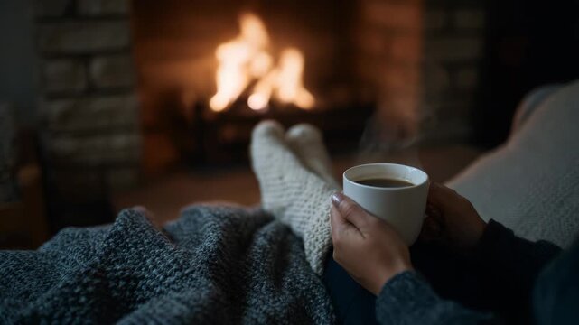 Cozy fireplace scene with person holding warm coffee in front of crackling fire