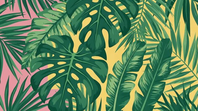 This vibrant tropical foliage pattern features lush green monstera and palm leaves set against pastel pink and yellow backgrounds, perfect for vibrant design accents.