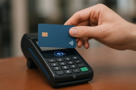 Contactless payment with credit card on POS terminal by hand on wooden surface background indoors, illustrating modern finance technology concept. Ai generative