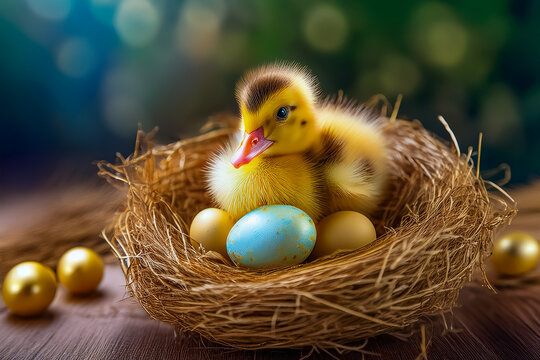 Flauschiges Entenk&uuml;ken mit Osterei im Strohnest &ndash; Perfektes Osterbild