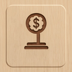 Wooden Dollar Sign Icon on Square Button, featuring a dollar sign globe symbol. Minimalist Financial Symbol for Business and E-commerce Design