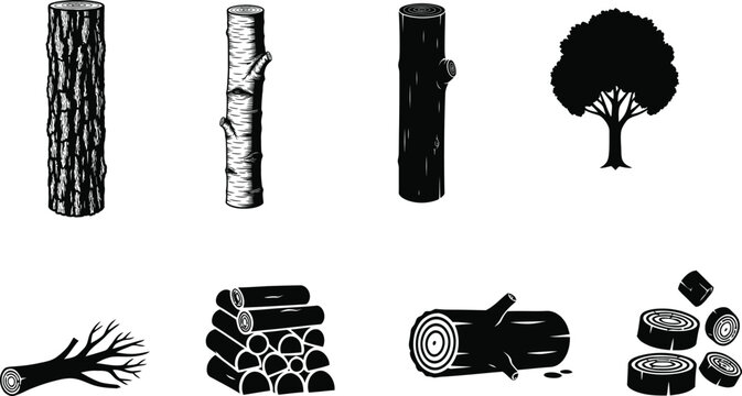 Various stages of wood from tree to logs