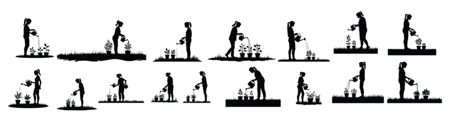 Silhouette women watering potted plants in various garden scenes