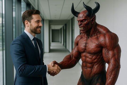 Businessman shaking hands with muscular red demon in office hallway, symbolizing strange alliance or deal with evil in surreal corporate setting. Ai generative