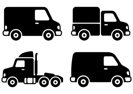 Conjunto de iconos de veh&iacute;culos de transporte y reparto. Siluetas de furgoneta, cami&oacute;n de carga, cabeza tractora y camioneta comercial. Vector negro aislado.