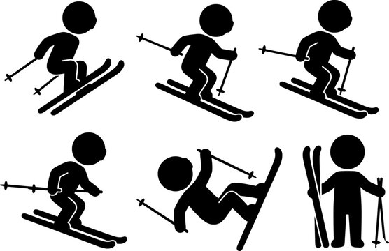 Conjunto de iconos de esquiadores en acci&oacute;n. Siluetas de personas esquiando, saltando, cayendo y posando con esqu&iacute;s y bastones. Pictogramas de deportes de invierno en negro.