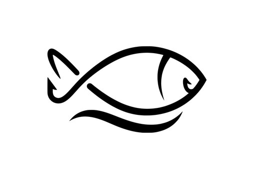 Icono de logotipo de pez estilizado. Dibujo de l&iacute;nea simple de un pez con una ola. S&iacute;mbolo abstracto de mariscos, pesca o fe cristiana. Vector negro.