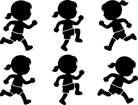 Conjunto de iconos de siluetas de una ni&ntilde;a corriendo. Diferentes fases del movimiento de carrera de una chica joven con coleta. Estilo vector negro.