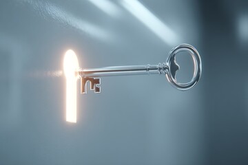 Vintage silver key opening a glowing keyhole with bright light coming from behind the door concept of success opportunity and discovery