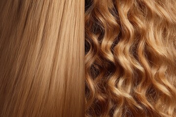 Comparative analysis of sleek straight and wavy curly blonde hair, professional hair care concept and styling results