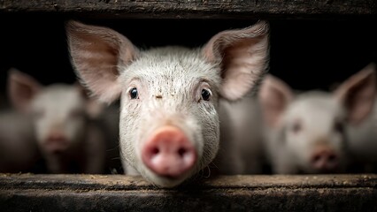 Curious young piglet peeks through wooden fence with soft focus farm background, conveying innocence and rural charm