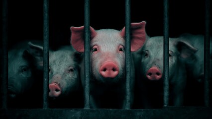 Vulnerable piglets peering through dark metal bars evoke empathy and highlight concerns in animal agriculture and welfare discussions.