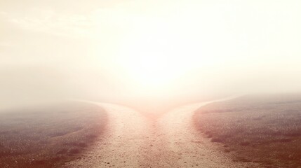 Cinematic narrative opening: one road divides in fog, strong symbolism and atmospheric light set story tone for film, game, or literature