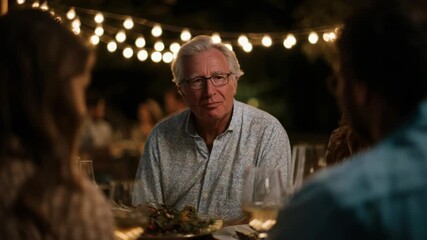 Warm evening outdoor dinner gathering with smiling elderly man at festive lit event