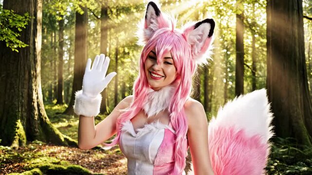 happy young woman wearing pink fox costume with ears and tail waving hand in sunny green forest representing anime cosplay culture and fantasy character roleplay outdoors in nature