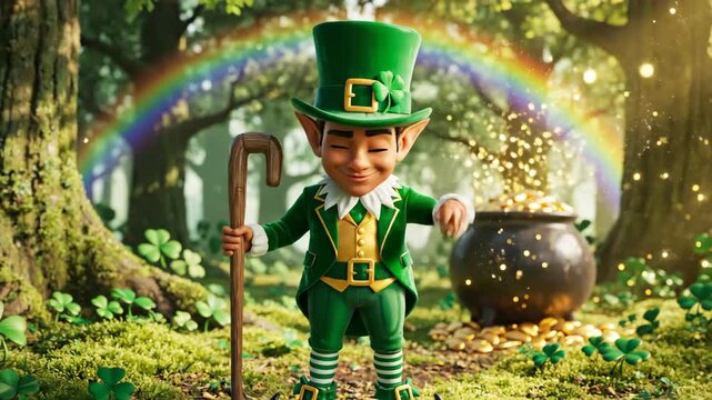 cheerful leprechaun in green suit and top hat standing near pot of gold coins under rainbow in magical forest celebrating saint patricks day holiday with luck and magic