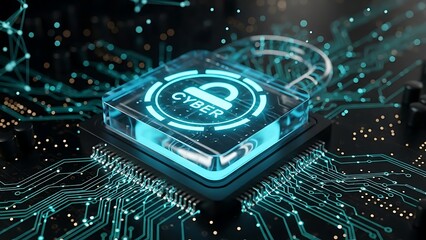 Cyber security concept with glowing blue padlock on circuit board