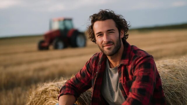Young man with curly hair sitting on haystack in field with tractor behind