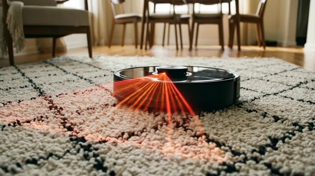 Smart robot vacuum cleaner cleaning carpet in living room with red laser sensors scanning environment for obstacle avoidance technology