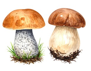 Watercolor depiction of two porcini mushrooms with detailed textures