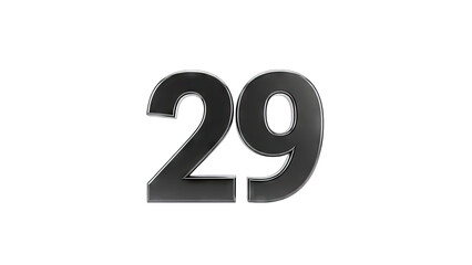 3D Number 29 metallic 3d render on transparent background