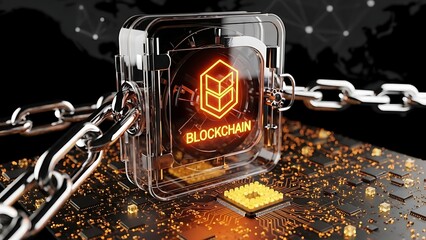 Secure blockchain technology with chains and circuit board
