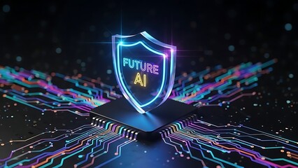 Future AI shield on microchip with vibrant circuit board
