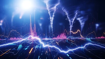 Vibrant digital tornadoes swirl amidst glowing data visualizations