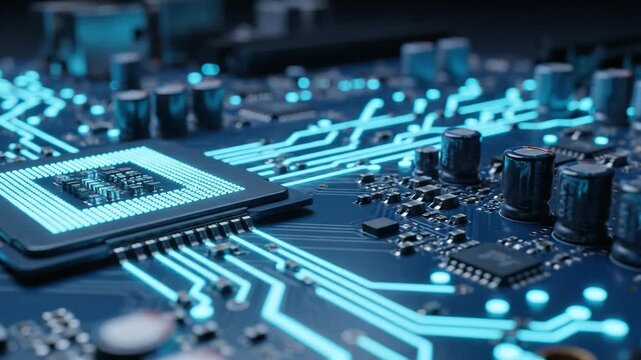 A detailed view of a futuristic circuit board with illuminated blue microchips and electronic pathways, symbolizing advanced technology and innovative electronics design.