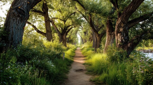 A scenic dirt path winding through a lush green forest surrounded by large majestic trees bathed in warm sunlight. Nature landscape background