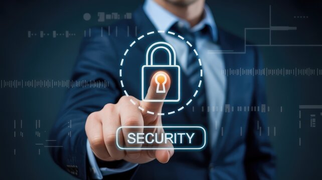 Professional man taps glowing virtual padlock icon on dark digital interface for data cyber security - Powered by Adobe