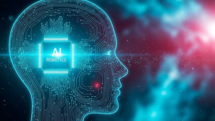 Futuristic AI robotics concept with human head and circuit board design