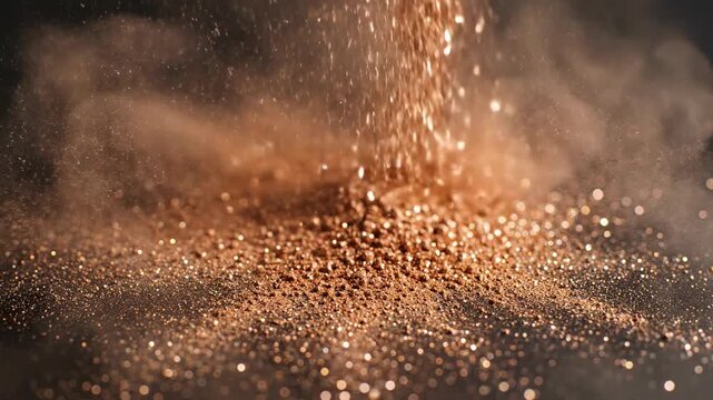 Extreme slow motion shot of fine bronze cosmetic pigment dust cascading and settling onto a smooth textured matte surface creating a beautiful stipple pattern texture background, detail, fine grains