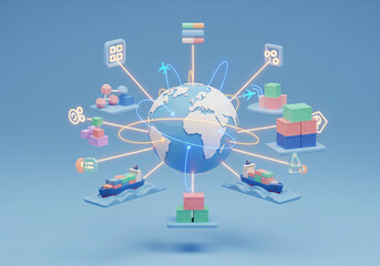 Global Logistics Network: A 3D rendered graphic showcases a stylized globe interconnected with various icons representing different aspects of international trade and supply chain management.