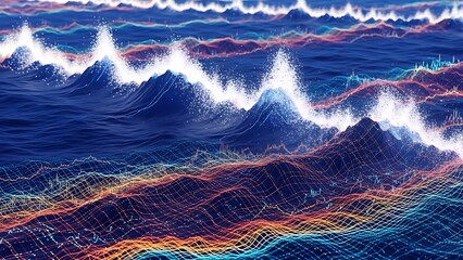 Vibrant ocean waves with colorful data visualization elements