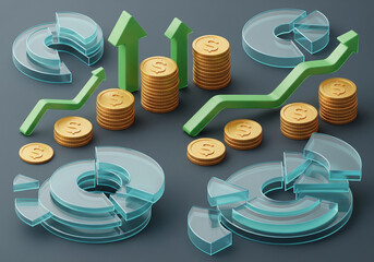 Financial Growth Visualization: An assortment of graphical elements, including coin stacks, pie charts, and upward-pointing arrows, dynamically illustrate the upward trajectory of financial growth.