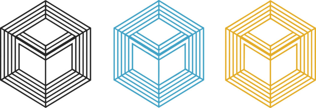 Flat vector illustration set of geometric cube icons with parallel line patterns in black blue and yellow colors isolated on white background for abstract design