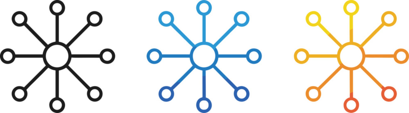 Flat vector illustration set of network connectivity hub icons with central circle and radiating lines in black blue and orange colors isolated on white background