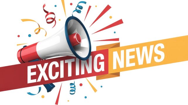 Bright red and white megaphone broadcasting exciting news with festive confetti and streamers graphi - Powered by Adobe